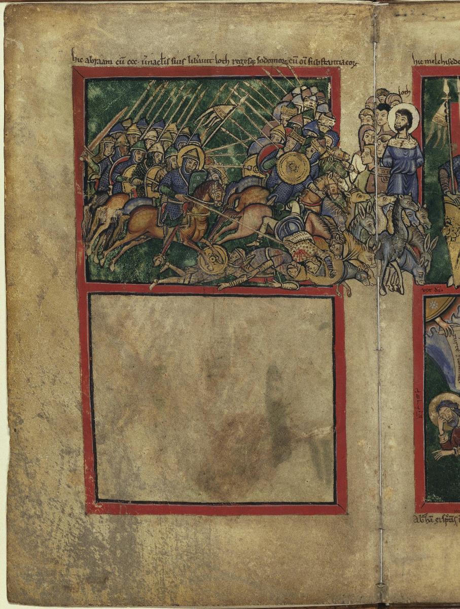 Fragment eines Psalteriums, Bl. 1 verso - Abraham schlägt die vier Könige