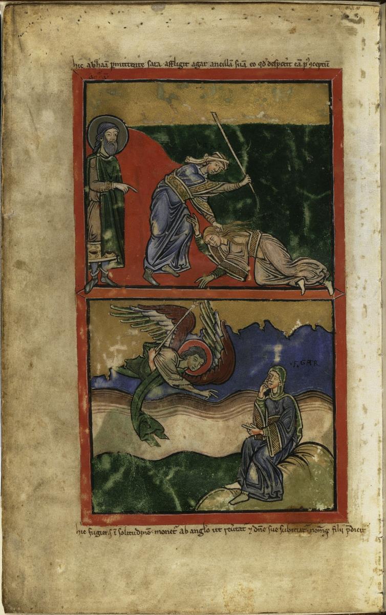 Fragment eines Psalteriums, Bl. 2 verso - Sarah schlägt Hagar, Hagar sitzt in der Wüste