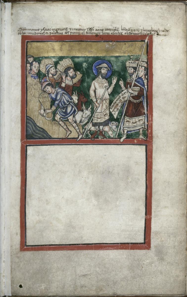Fragment eines Psalteriums, Bl. 3 recto - Isaaks reiche Ernte und Ausweisung durch König Abimelech