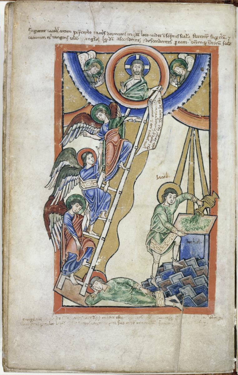 Fragment eines Psalteriums, Bl. 4 verso - Jakobs Traum von der Himmelsleiter, Jakob errichtet den Altar zu Bethel