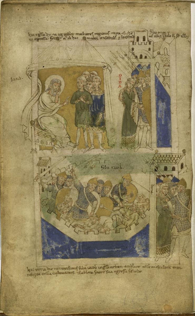 Fragment eines Psalteriums, Bl. 5 verso - Jakobs Trauer über Dinas Schändung, Blutbad zu Salem und Dinas Befreiung