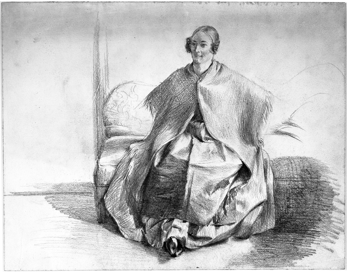 Weibliche Kostümfigur mit Umschlagtuch, auf einem Sofa sitzend