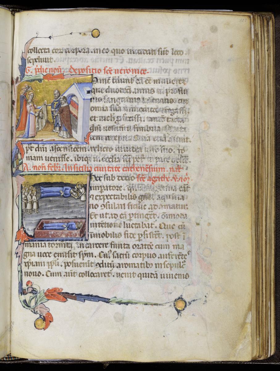 Psalterium und Martyrologium. Darstellungen aus dem Leben der Hl. Theodorus, Sisinus und Alexander: Übergabe des Schweißtuches durch Veronika an zwei Diakone / Begräbnis der hl. Agathe