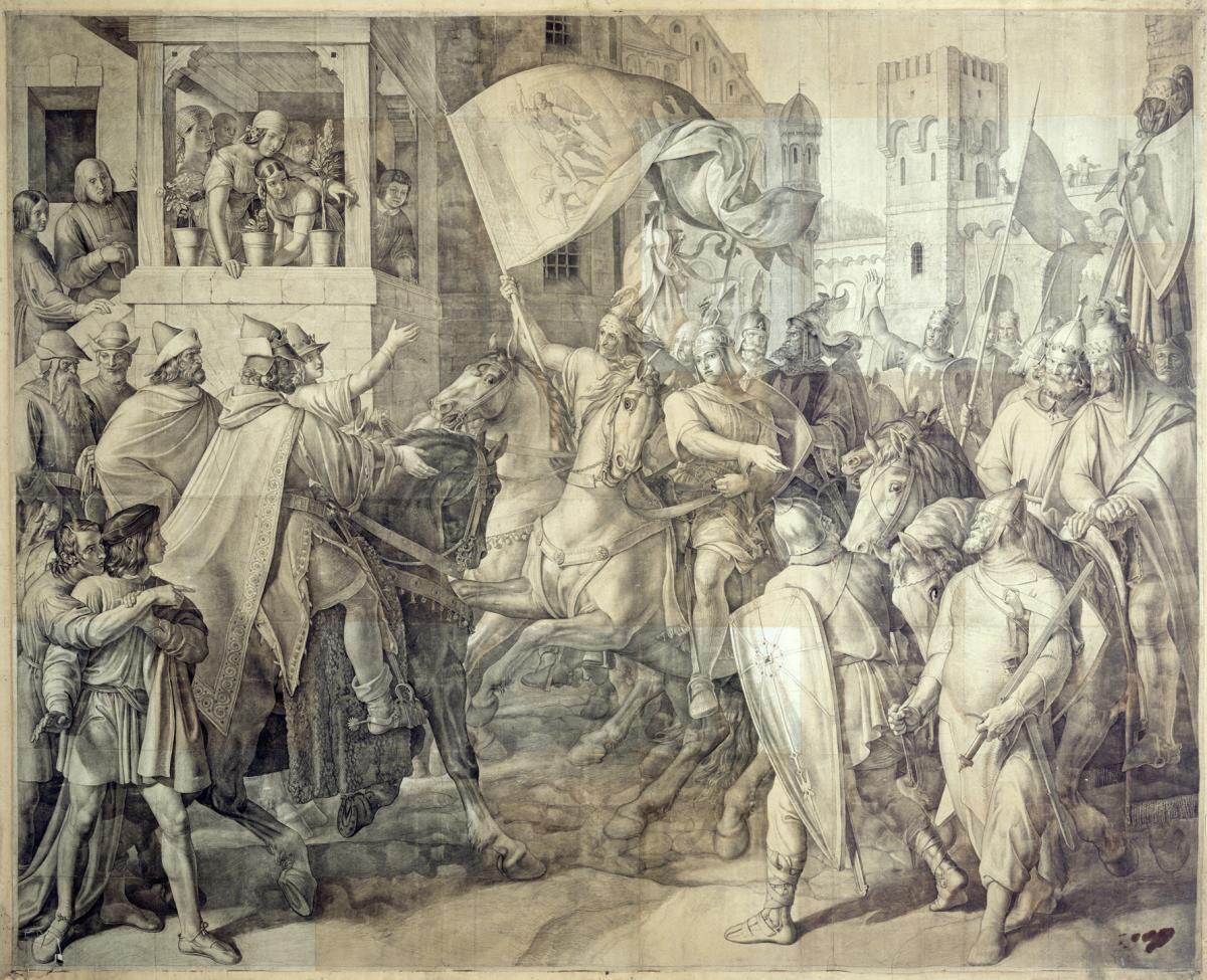 Siegfrieds Rückkehr aus dem Sachsenkrieg. Karton für die Nibelungen-Fresken im Königsbau der Residenz München