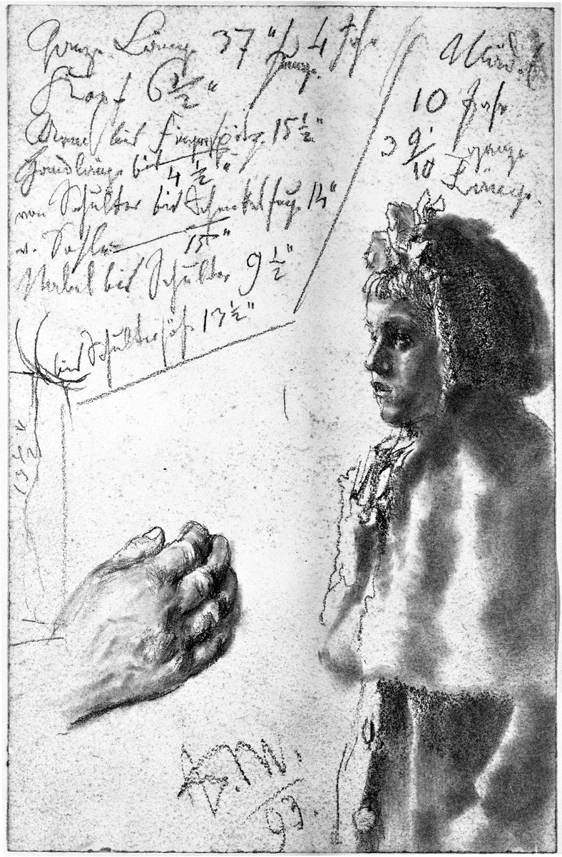 Zehnjähriges Mädchen mit Pelerine, Handstudie einer älteren Person