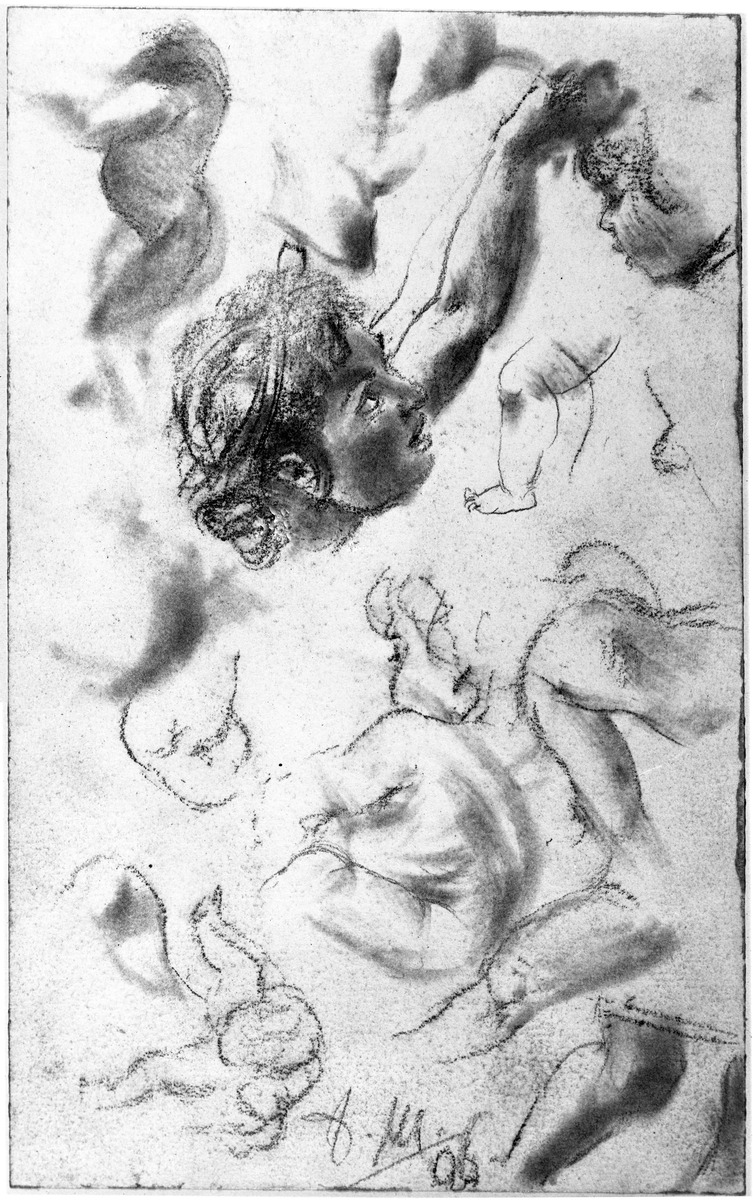 Kopf eines emporblickenden Kindes mit offenem Mund, Gesichts- und Gliederstudien. Modellstudie zum "Akademieblatt" 1896