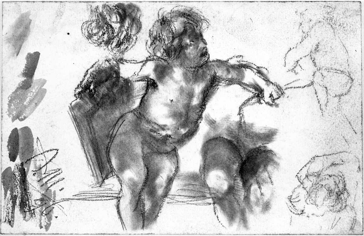 Sitzender Kinderakt, der rechte Arm ruht auf einem Buch, Details. Modellstudie zum "Akademieblatt" 1896