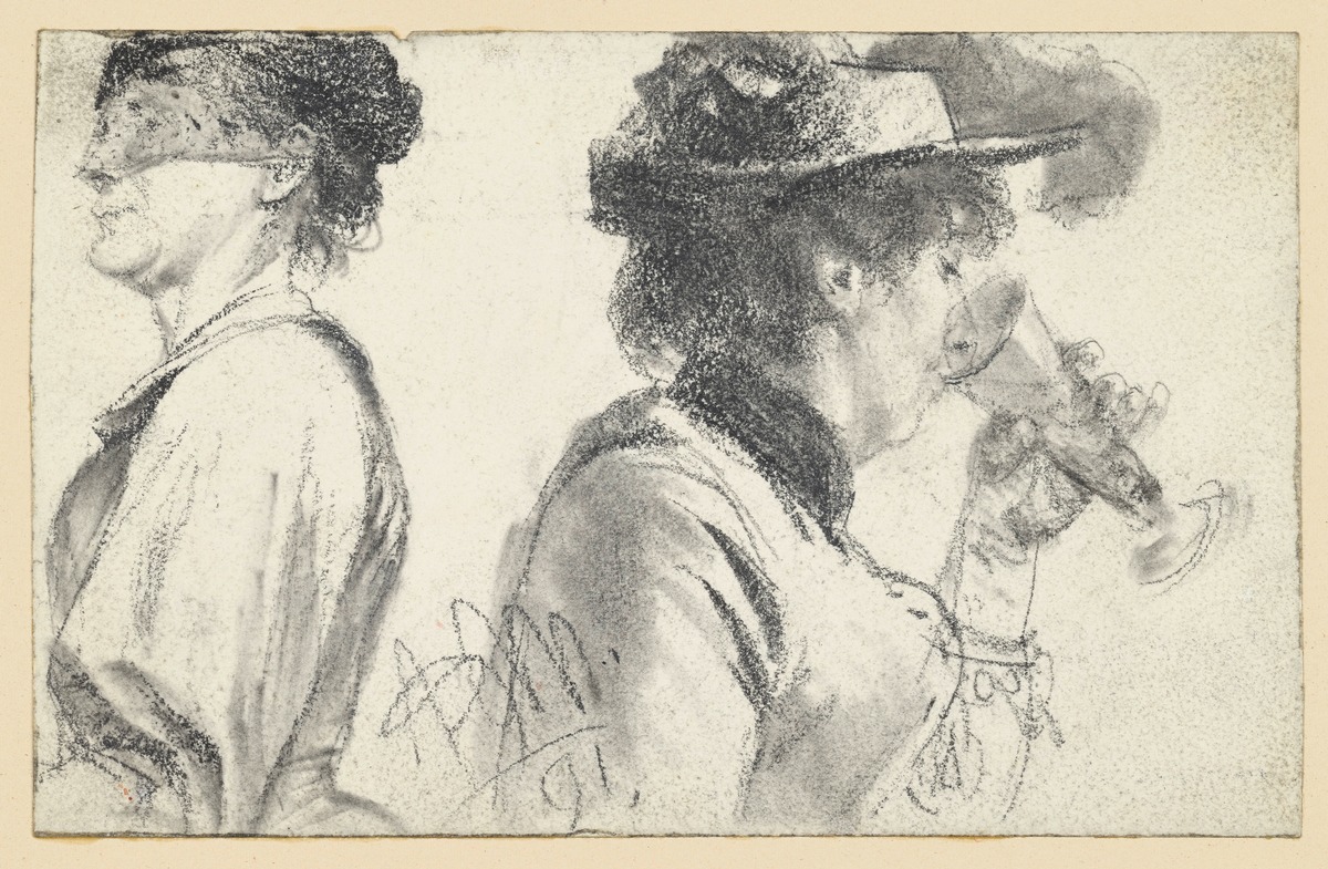 Brustbild einer Dame mit Schleier und aus einem Glas trinkende Dame mit Hut