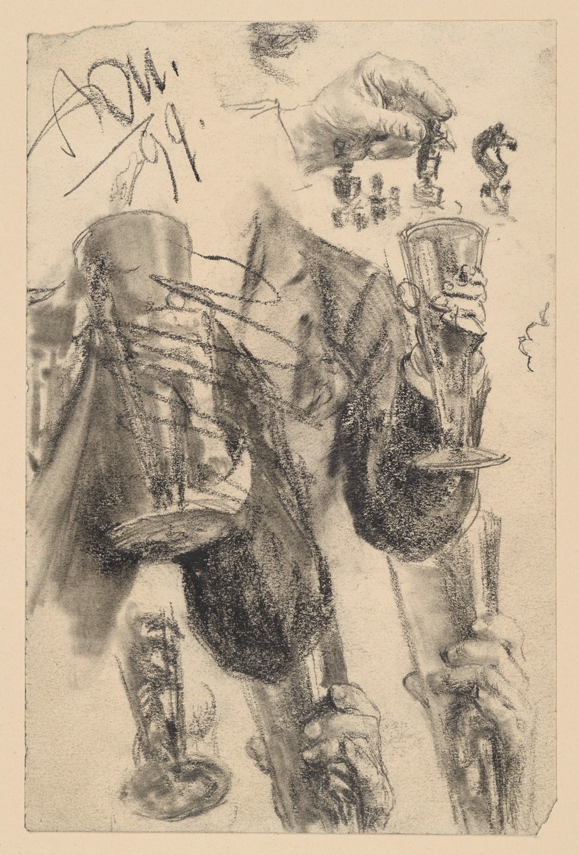 Gläser fassende Hände (teils verworfen), Hand mit Schachfigur (Springer)