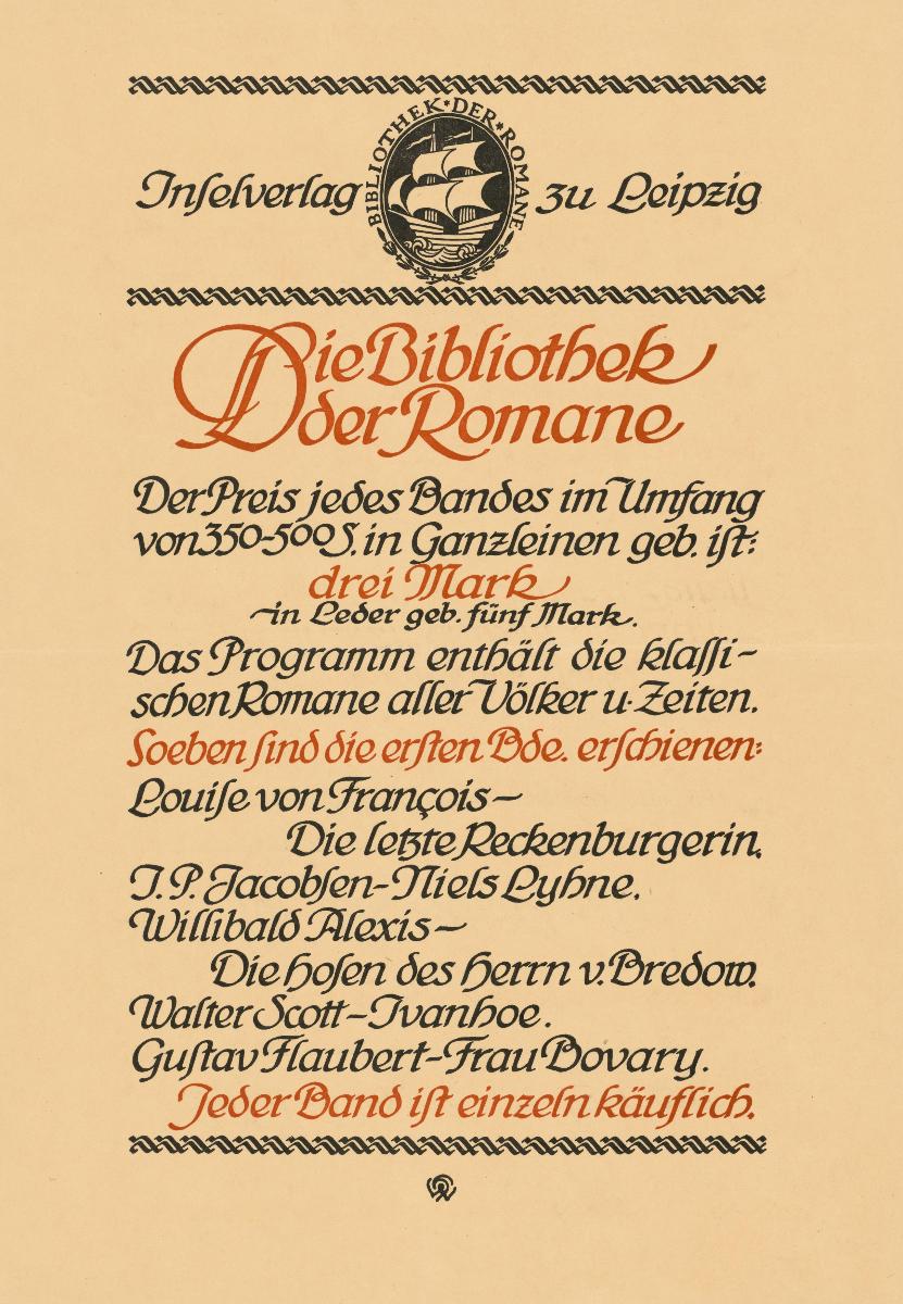 Die Bibliothek der Romane Inselverlag zu Leipzig (Schrift Wieynk-Kursiv)
