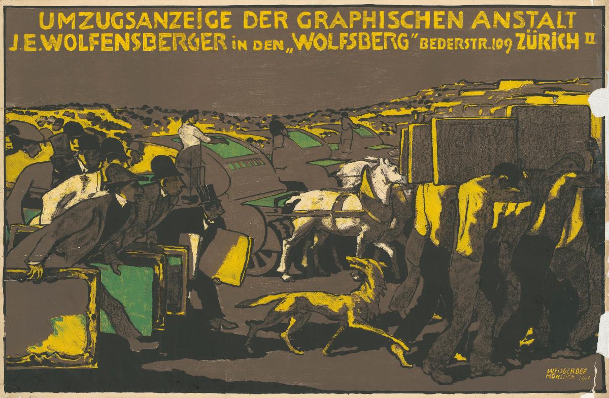 Umzugsanzeige der Graphischen Anstalt J.E. Wolfensberger in den Wolfsberg Zürich