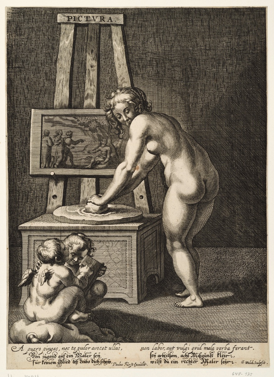Künstleratelier mit weiblichem Akt und zwei Putten