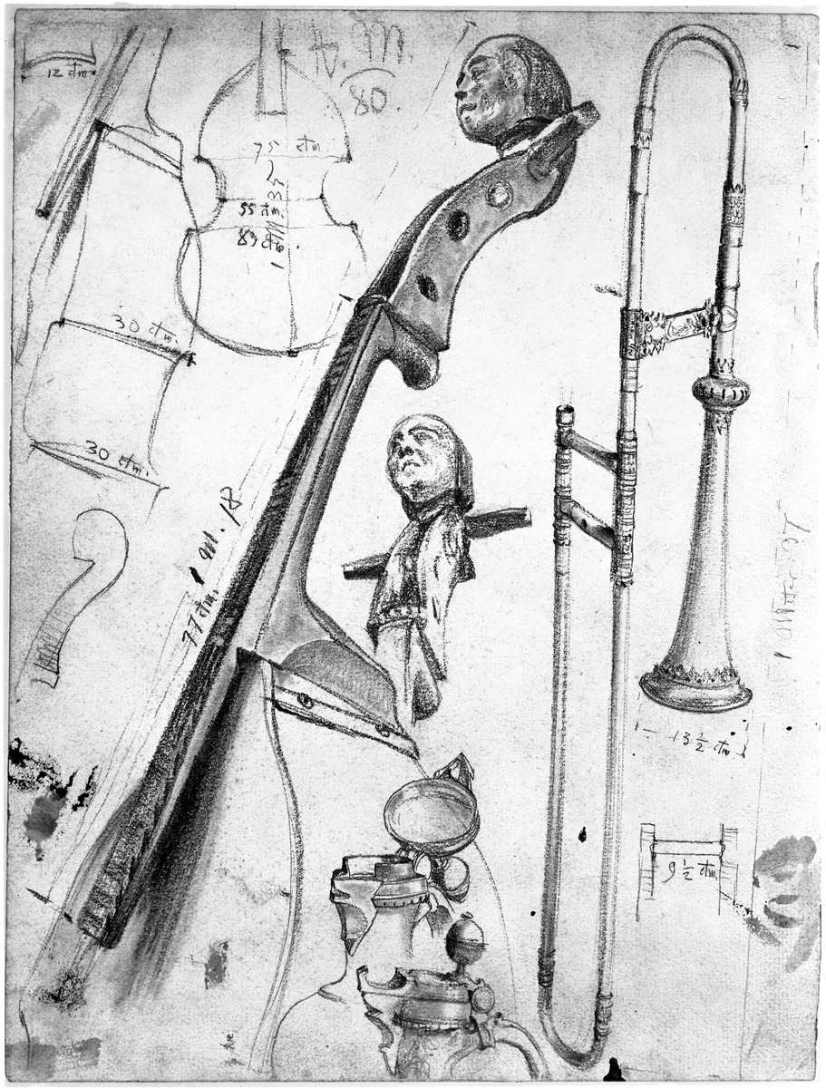 Detailstudien und Maßangaben zu einem Violoncello, einer Trompete und einer Deckelkanne
