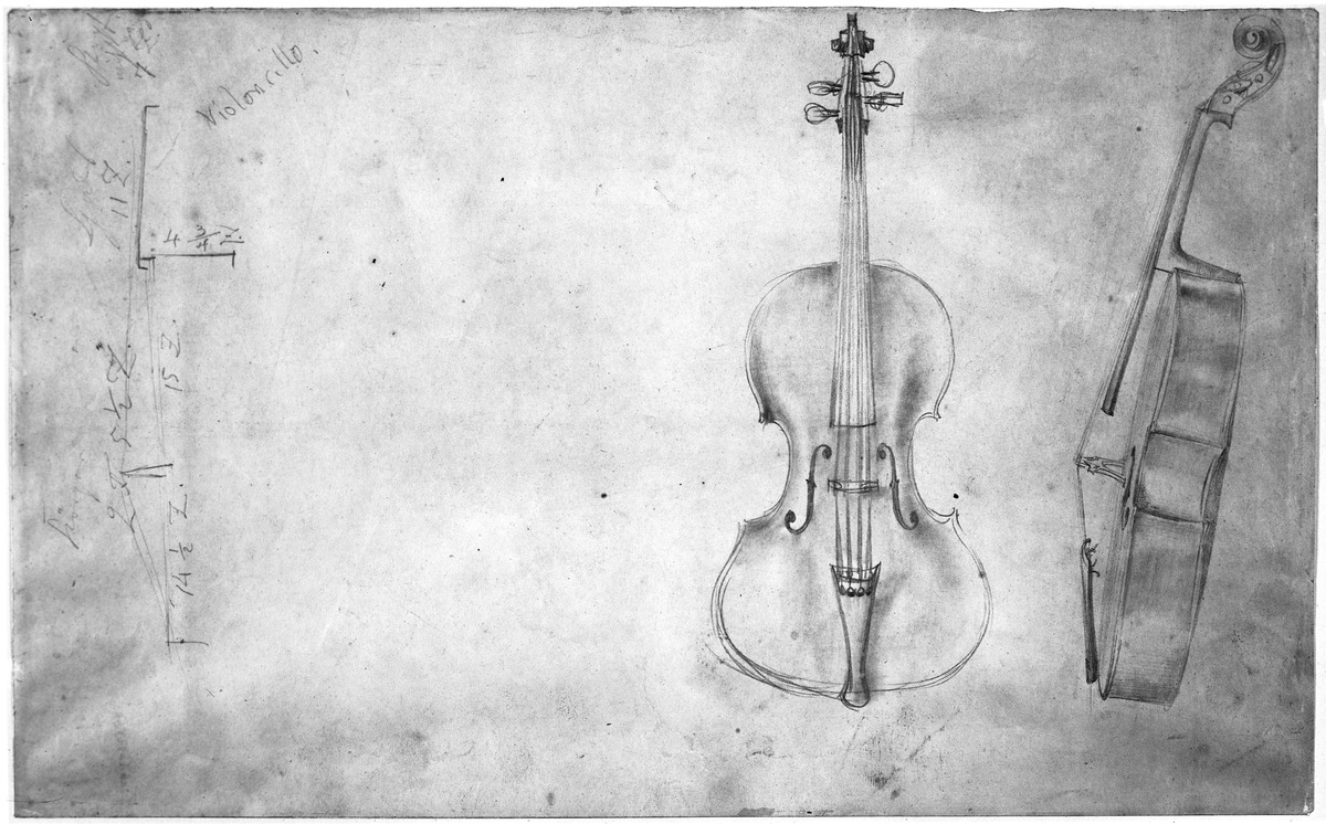 Violoncello in zwei Ansichten und Skizze mit Maßangaben