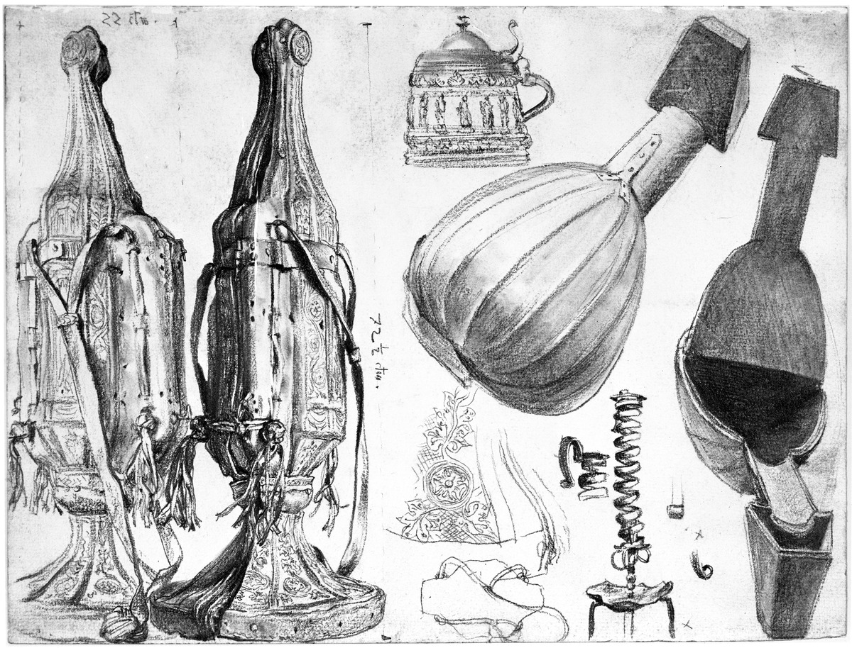 Lederetui für eine Monstranz, Behälter für eine Laute, Krug, Leuchter mit Gewinde, Flächenornament