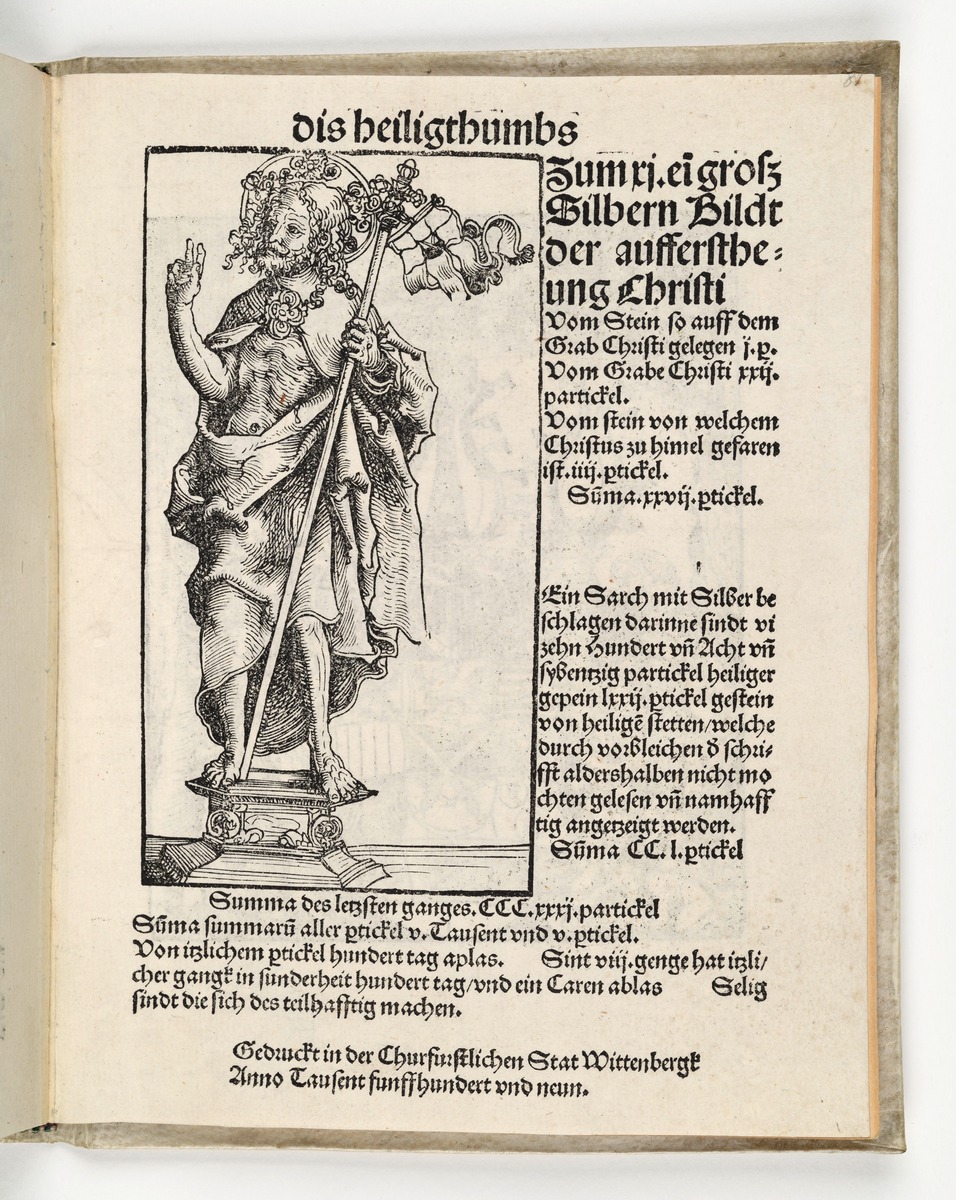 Wittenberger Heiltumsbuch: Silberstatuette des auferstandenen Jesus mit Heilsfahne. Wittenberger Heiltumsbuch