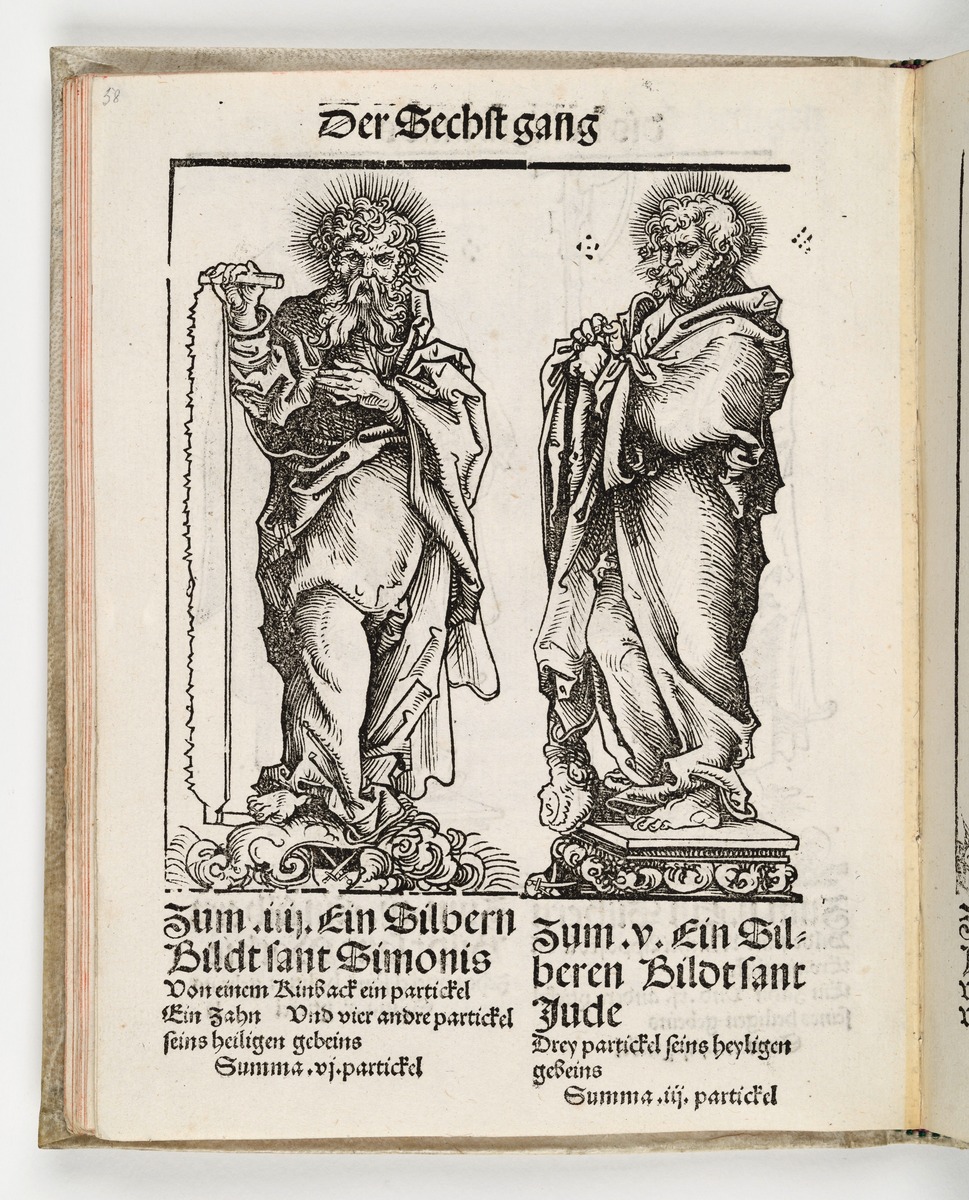 Wittenberger Heiltumsbuch: Silberstatuette des Heiligen Simon und Silberstatuette des Judas Thaddäus