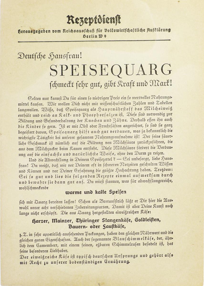 Deutsche Hausfrau! Speisequarg schmeckt sehr gut, gibt Kraft und Mark!