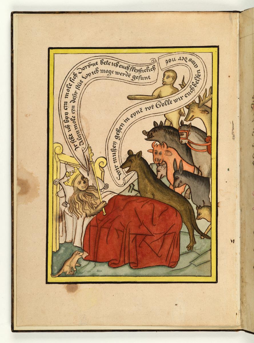 Fabel vom kranken Löwen. Der kranke Löwe ruft die Tiere an sein Bett