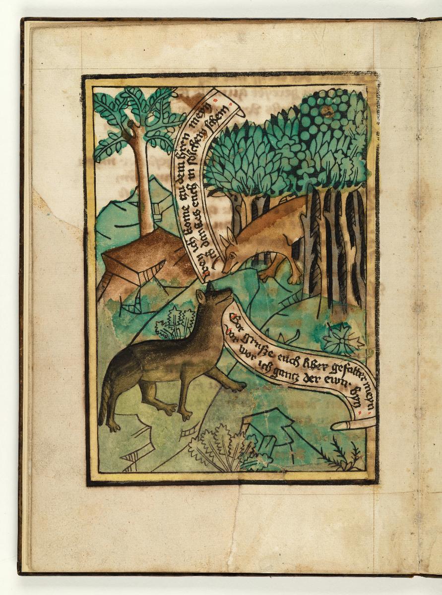 Fabel vom kranken Löwen. Der Wolf grüßt den Fuchs im Wald