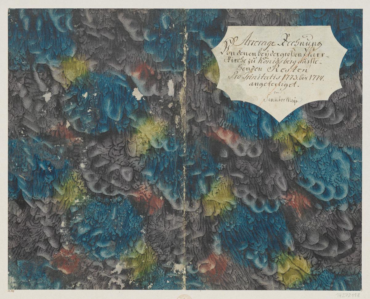 Mehrfarbig geädertes Kleisterpapier (Einband für eine Akte mit Etikett, 1763/1774)