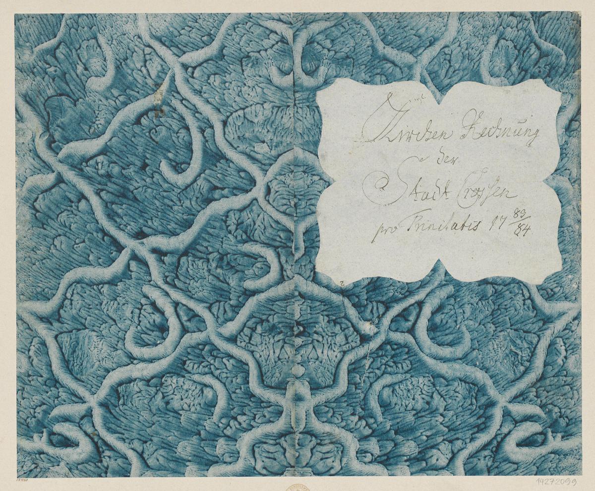 Geädertes Kleisterpapier mit Gitterdekor (Einband für eine Akte mit Etikett, 1783/1784)
