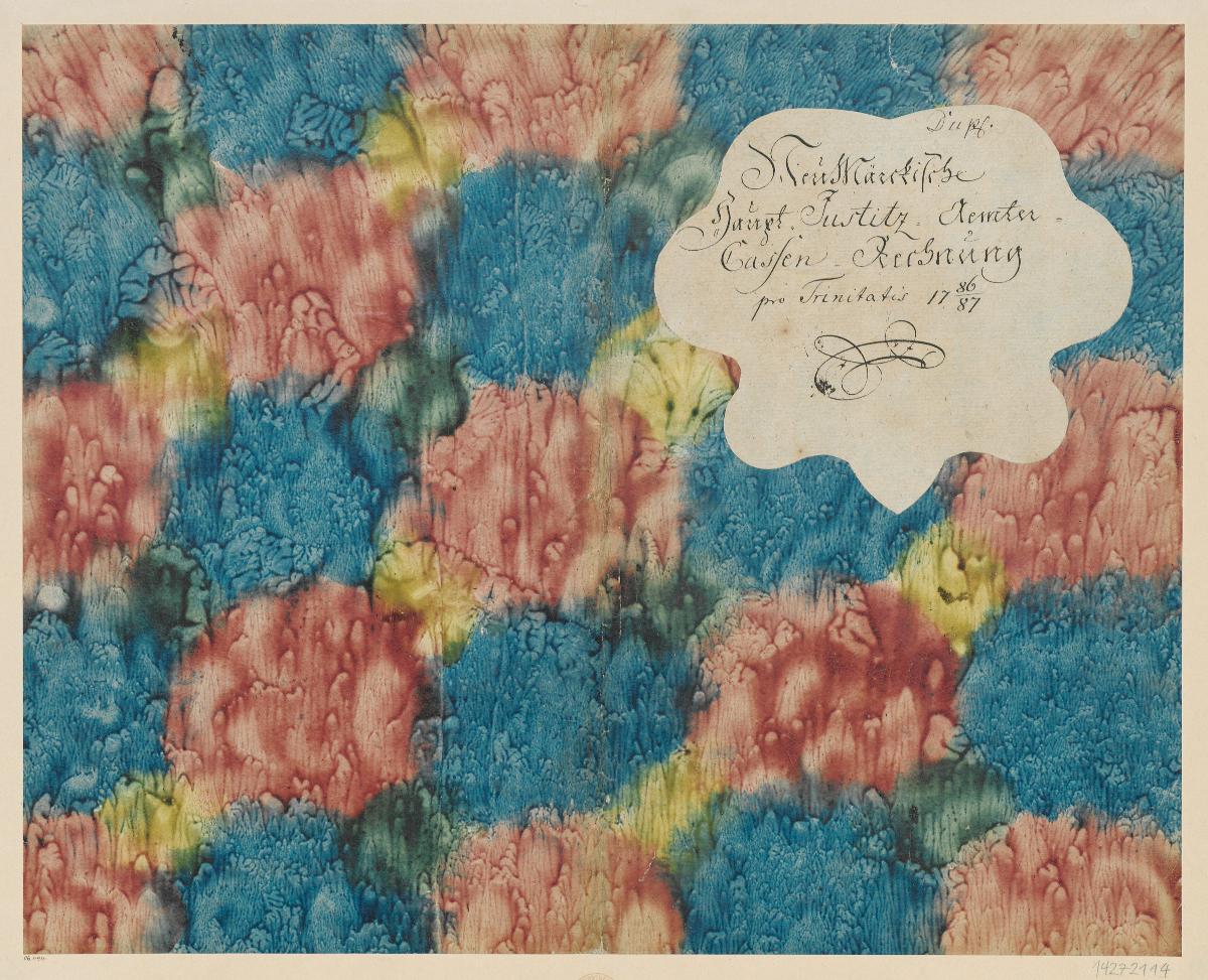 Mehrfarbig geädertes Kleisterpapier (Einband für eine Akte mit Etikett, 1786/1787)