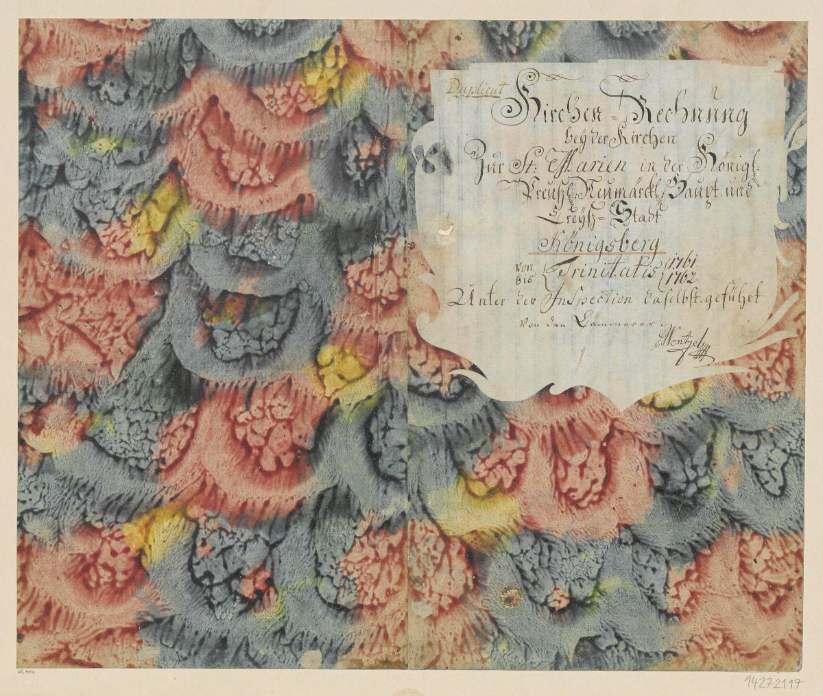 Mehrfarbig geädertes Kleisterpapier mit Dekor (Einband für eine Akte mit Etikett, 1761/1762)