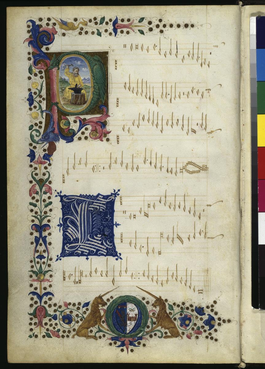 Notenseite mit einem von Einhörnern gehaltenem Wappen in offenem Rankenwerk