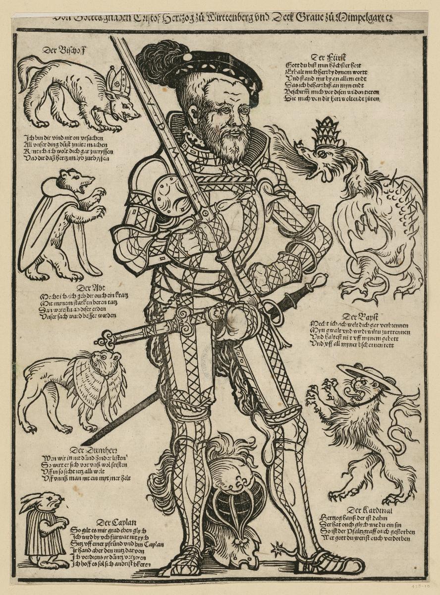 Porträt des Gustav Herzog von Württemberg umgeben von Tierallegorien kirchlicher Würdenträger