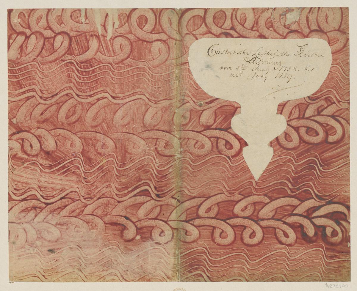Kleisterpapier mit Verdrängungsdekor (Einband für eine Akte mit Etikett, 1758/1759)
