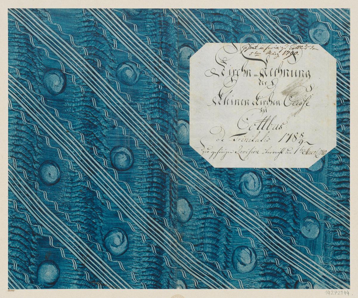 Kleisterpapier mit Verdrängungsdekor (Einband für eine Akte mit Etikett, 1788/1789)