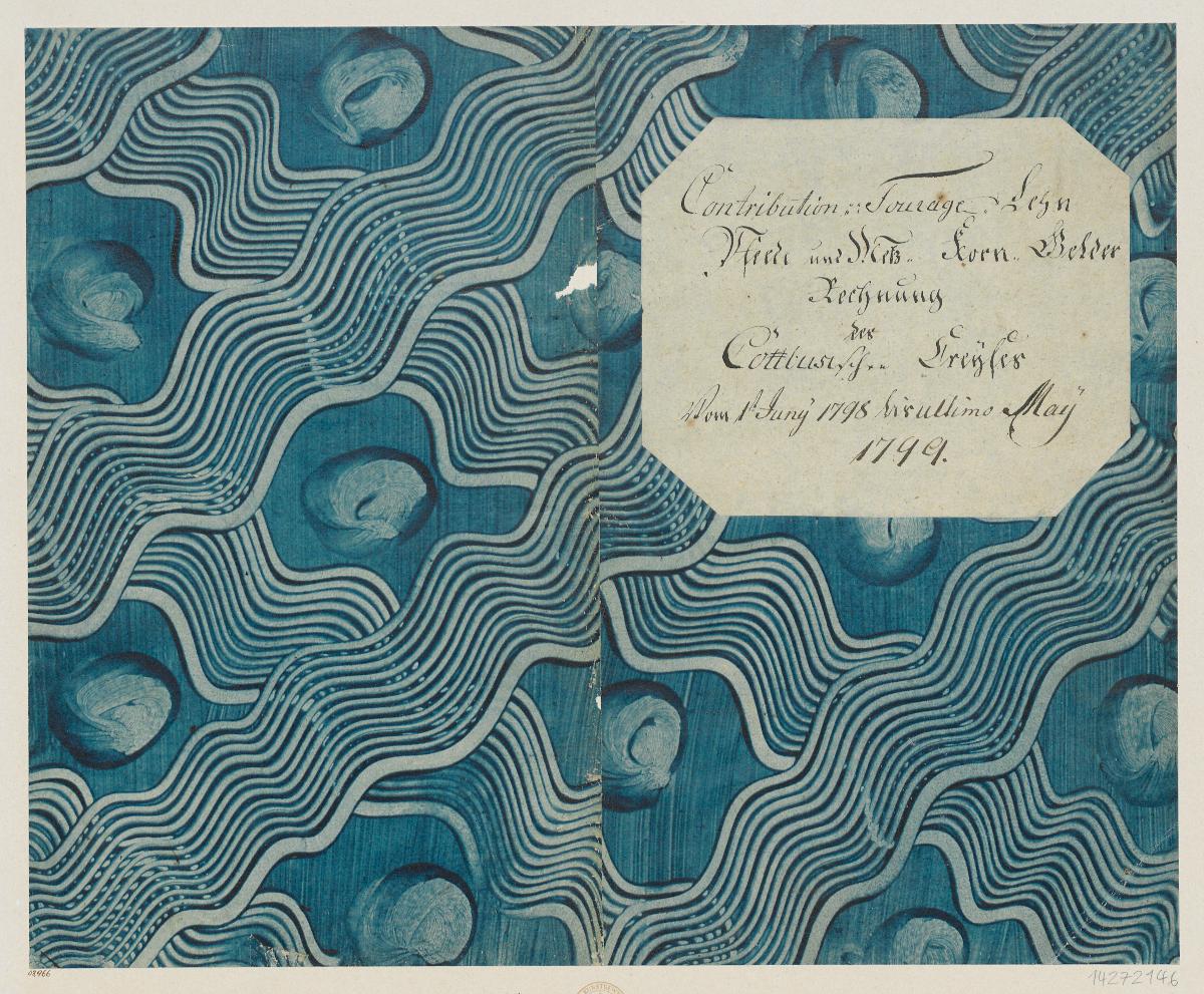Kleisterpapier mit Verdrängungsdekor (Einband für eine Akte mit Etikett, 1798/1799)