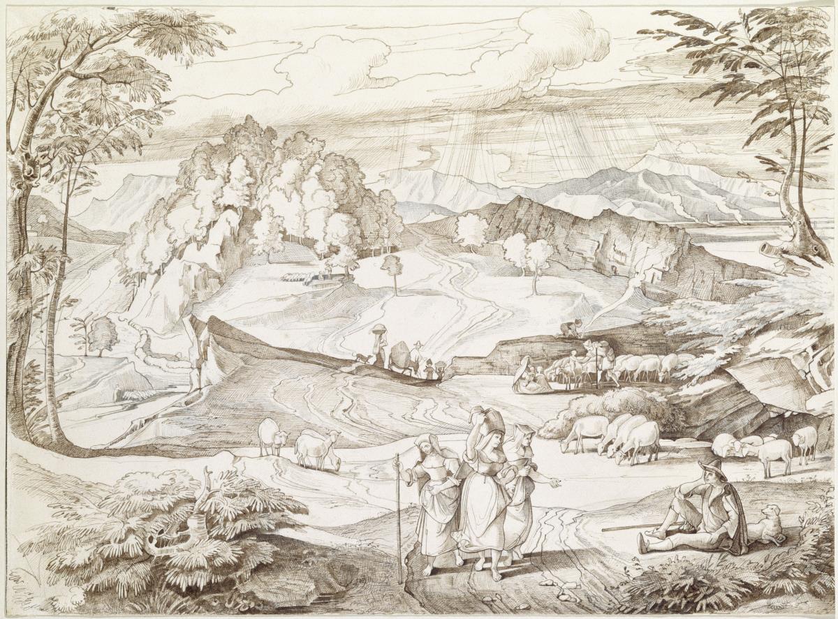 Italienische Landschaft in der Cervara mit Landleuten, Hirten und Schafen
