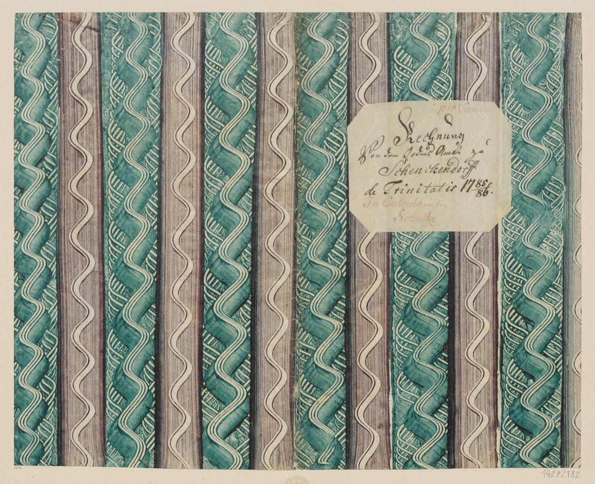 Kleisterpapier mit Verdrängungsdekor (Einband für eine Akte mit Etikett, 1785/1786)