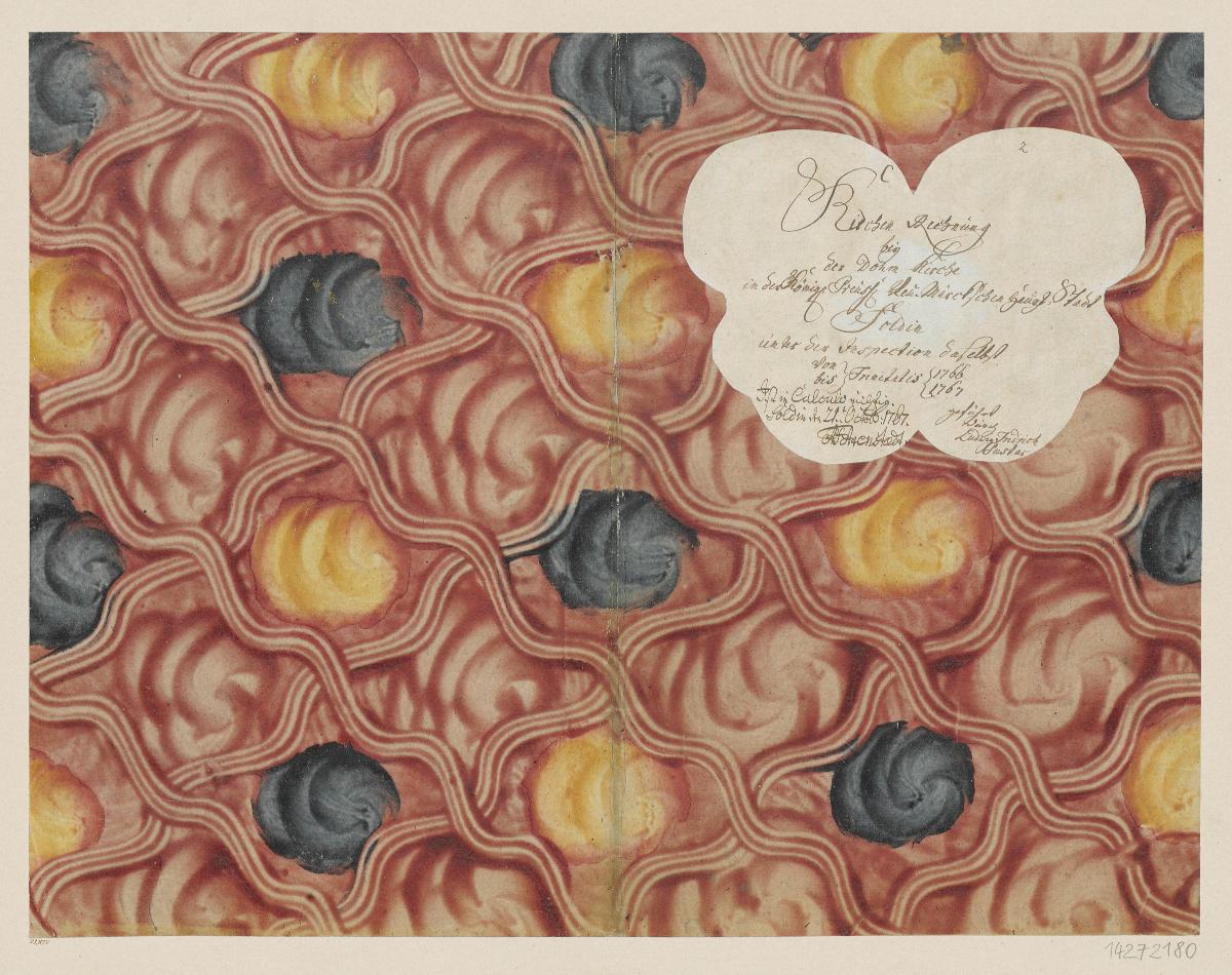 Kleisterpapier mit Verdrängungsdekor (Einband für eine Akte mit Etikett, 1766/67)