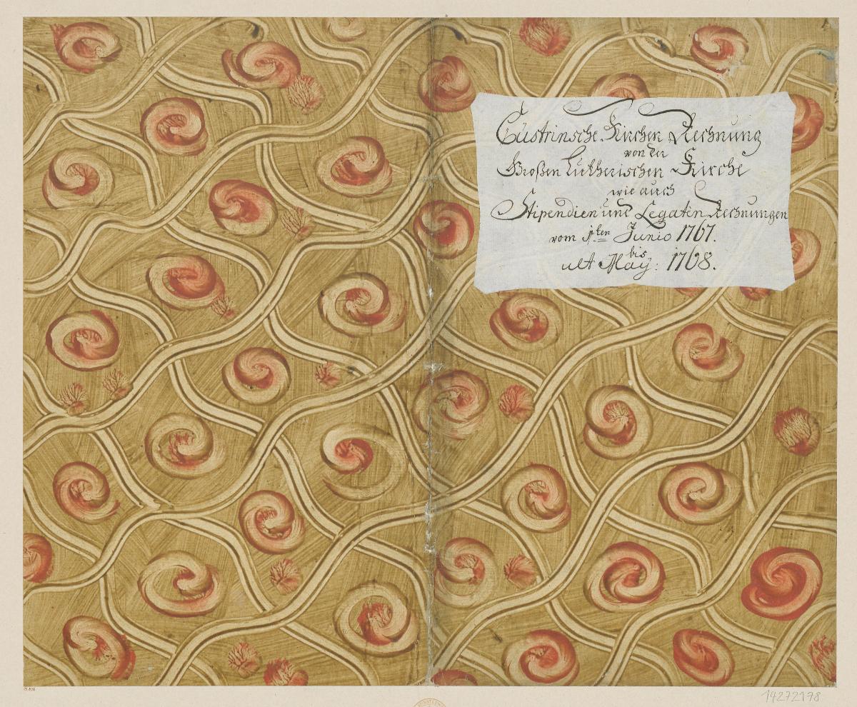 Kleisterpapier mit Verdrängungsdekor (Einband für eine Akte mit Etikett, 1767/1768)