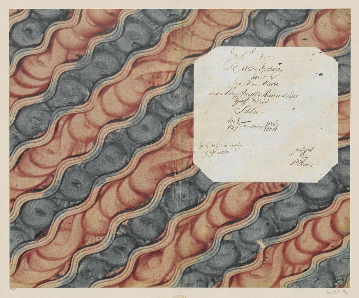 Kleisterpapier mit Verdrängungsdekor (Einband für eine Akte mit Etikett, 1769/1770)