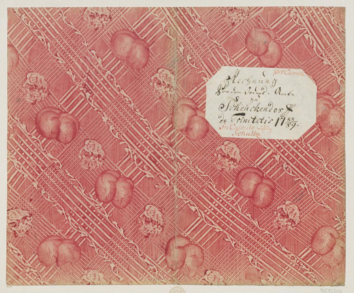 Kleisterpapier mit Verdrängungsdekor (Einband für eine Akte mit Etikett, 1788/1789)