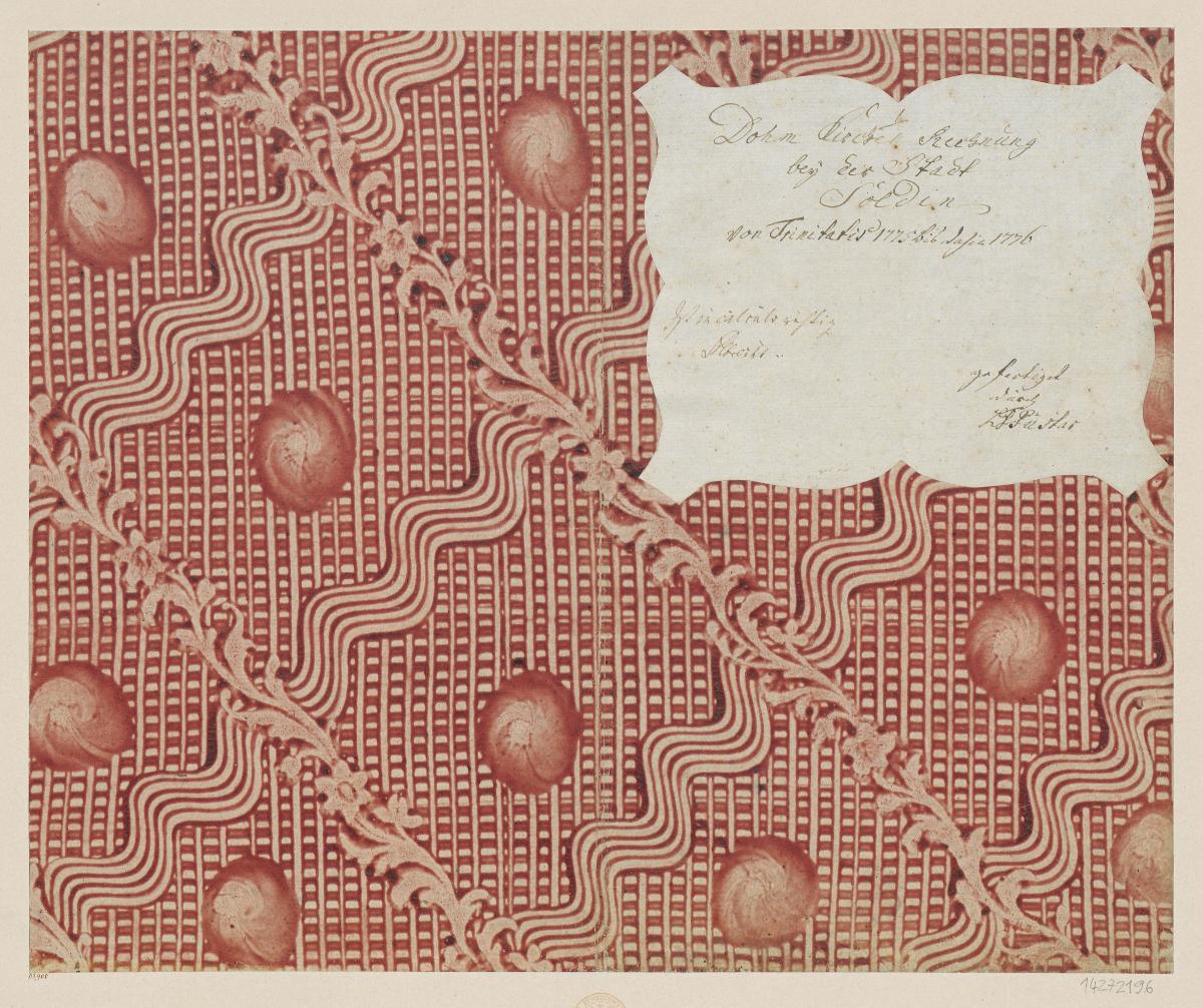 Kleisterpapier mit Verdrängungsdekor (Einband für eine Akte mit Etikett, 1775/1776)
