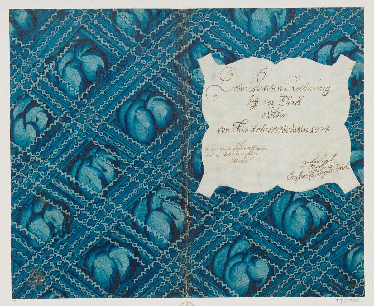 Kleisterpapier mit Verdrängungsdekor (Einband für eine Akte mit Etikett, 1777/1778)