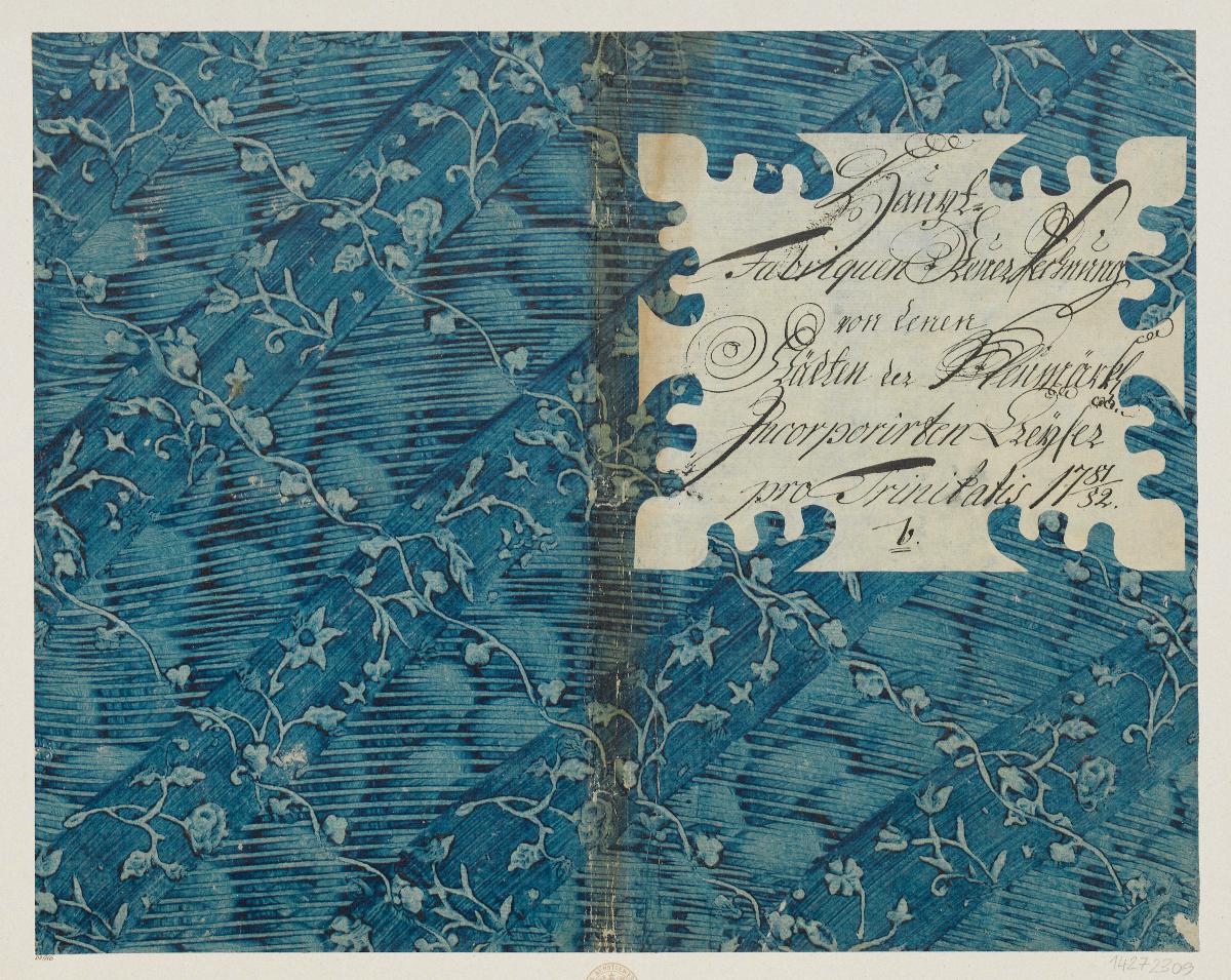 Kleisterpapier mit Verdrängungsdekor (Einband für eine Akte mit Etikett, 1781/1782)