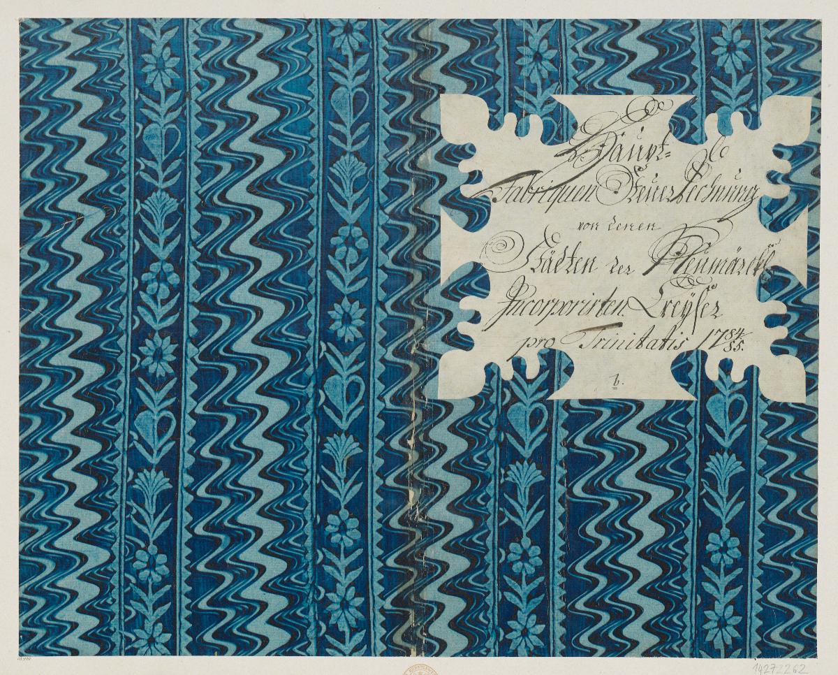 Kleisterpapier mit Verdrängungsdekor (Einband für eine Akte mit Etikett, 1784/1785)