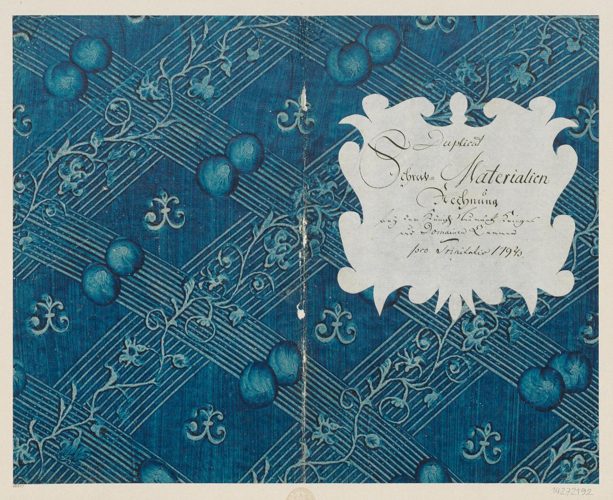 Kleisterpapier mit Verdrängungsdekor und Blinddruck (Einband für eine Akte mit Etikett, 1792/1793)