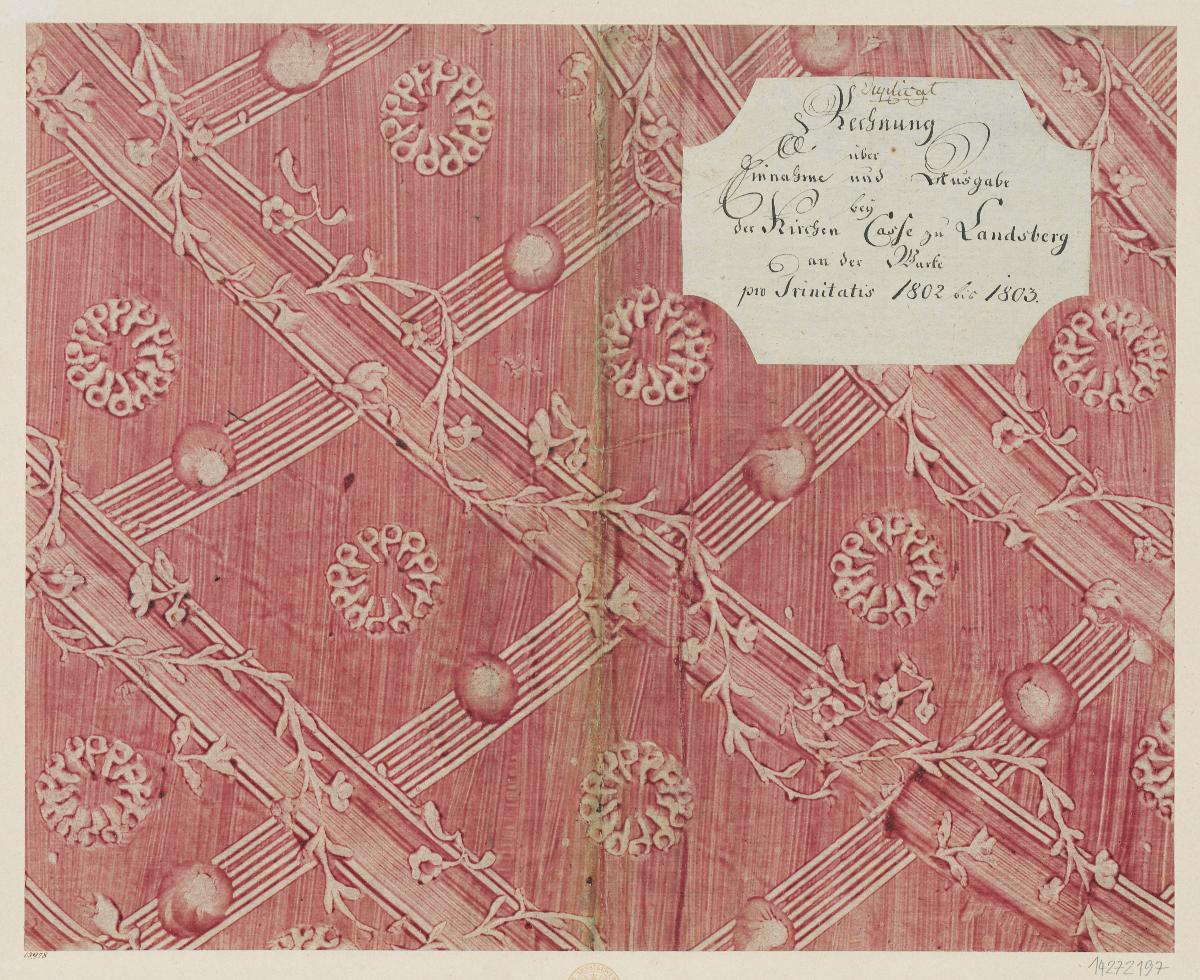 Kleisterpapier mit Verdrängungsdekor und Blinddruck (Einband für eine Akte mit Etikett, 1802/1803)