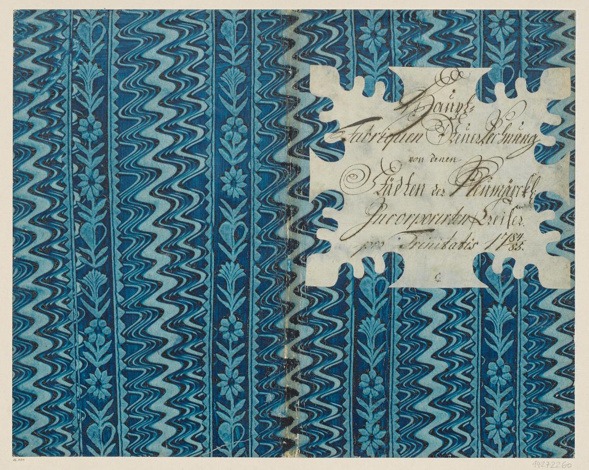 Kleisterpapier mit Verdrängungsdekor und Blinddruck (Einband für eine Akte mit Etikett, 1784/1785)