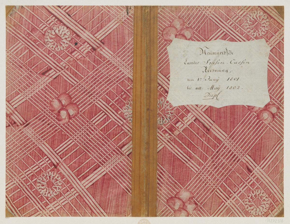 Kleisterpapier mit Verdrängungsdekor (Einband für eine Akte mit Etikett, 1801/1802)