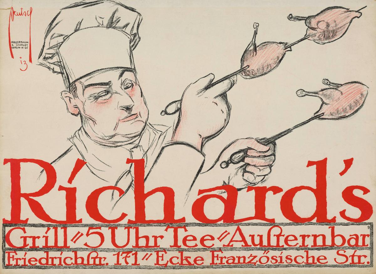 Richard's Grill. Koch mit aufgespießten Brathähnchen