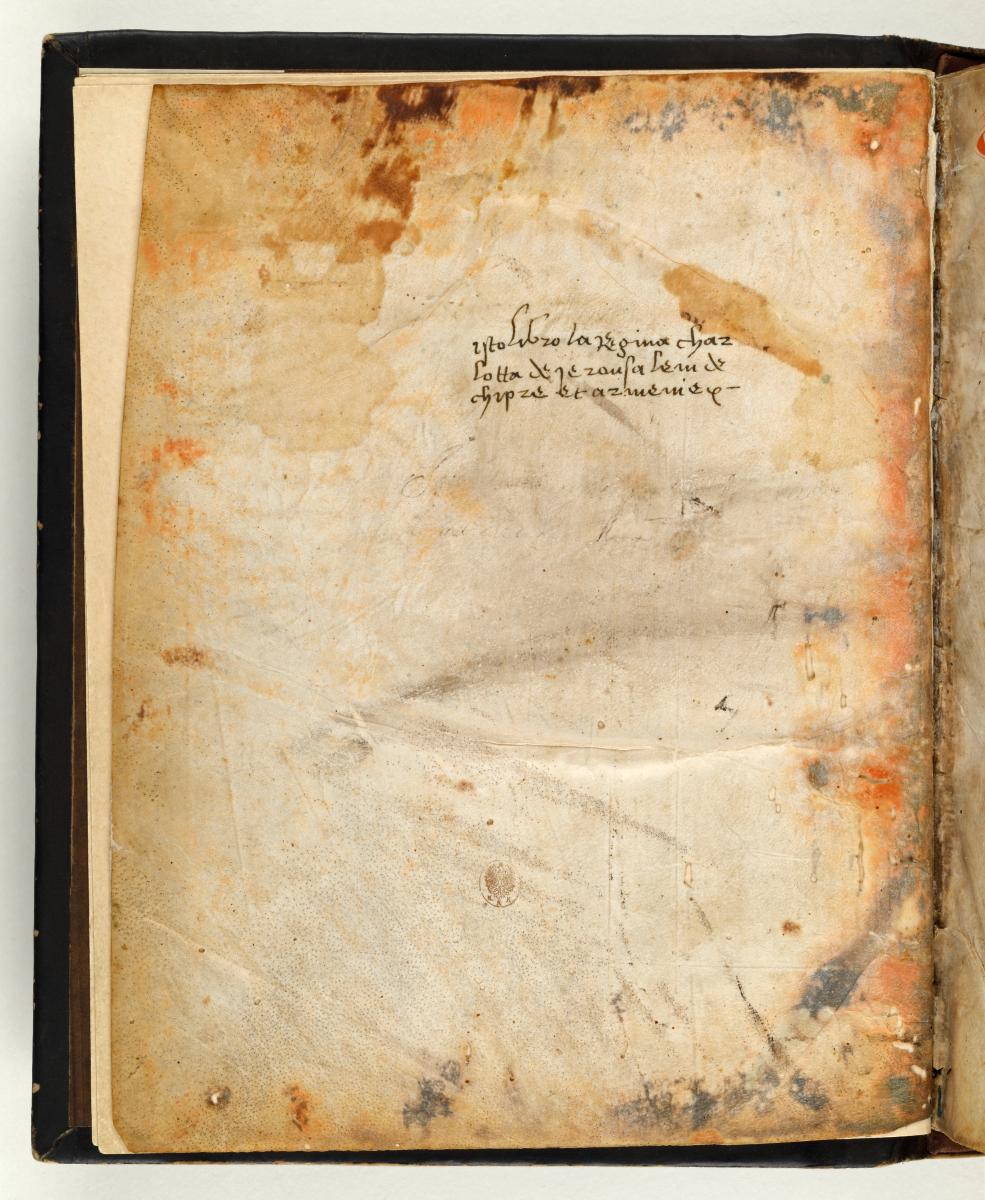 Psalterium und Breviarum graeco-latinum: Seite mit dem Exlibris der Königin von Zypern, Charlotte Lusignan