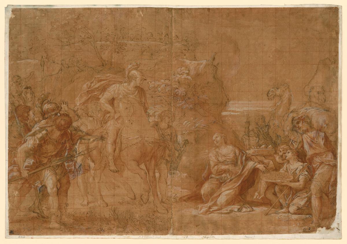 Szene mit einem Feldherrn zu Pferde und vor ihm knienden Frauen; im Hintergrund Kamele (Abigail vor David kniend)